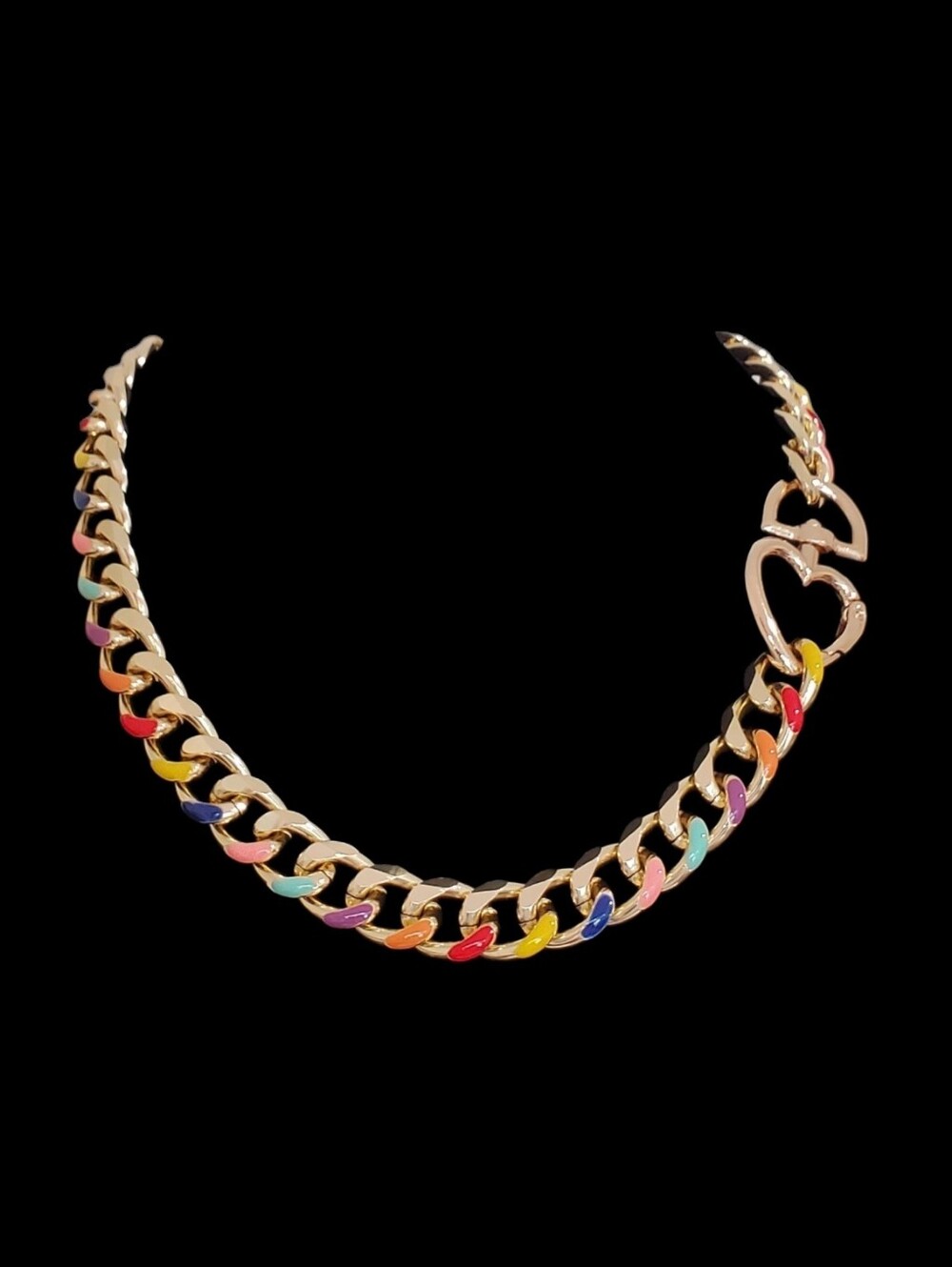 Estate Gold-Tone Rainbow Enamel Chunky Curb Link Heart Clasp Necklace - 19.5"